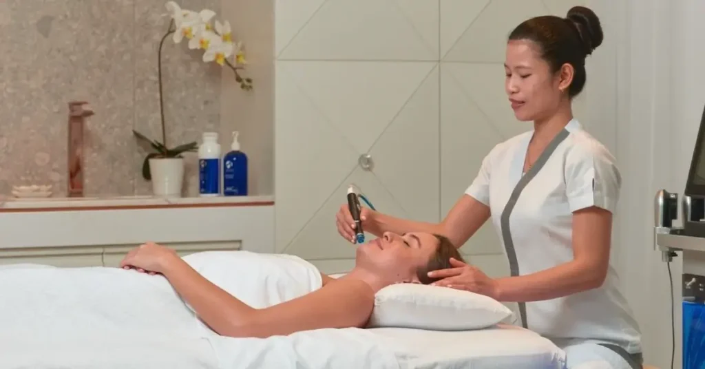 black haired woman doing hydrafacial