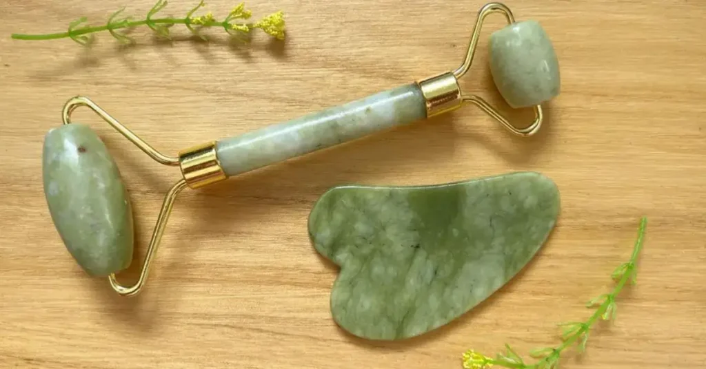 Jade roller and gua sha on wood