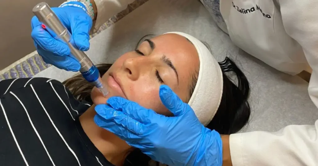 young black haired woman getting microneedling treatment on her chin