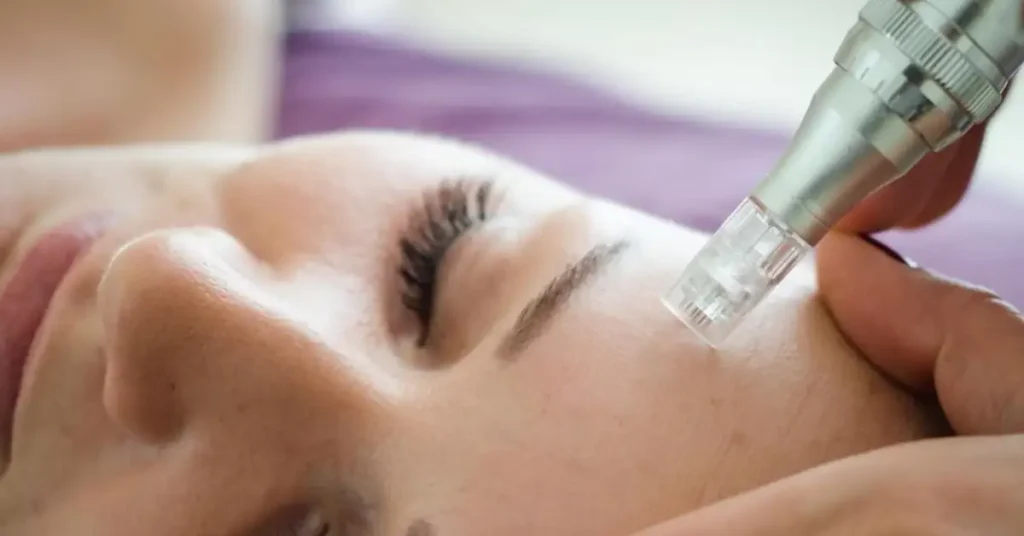 woman getting microneedling treatment on her forehead