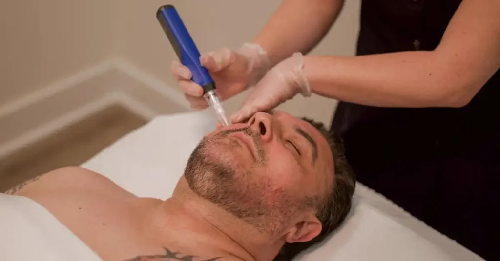 young man getting microneedling treatment