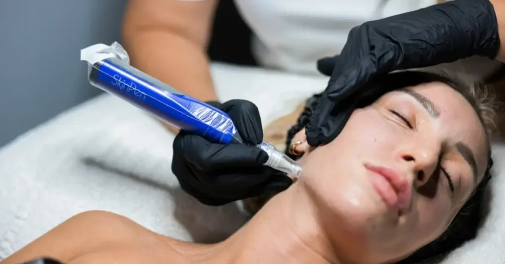 young woman getting treatment with blue skin pen