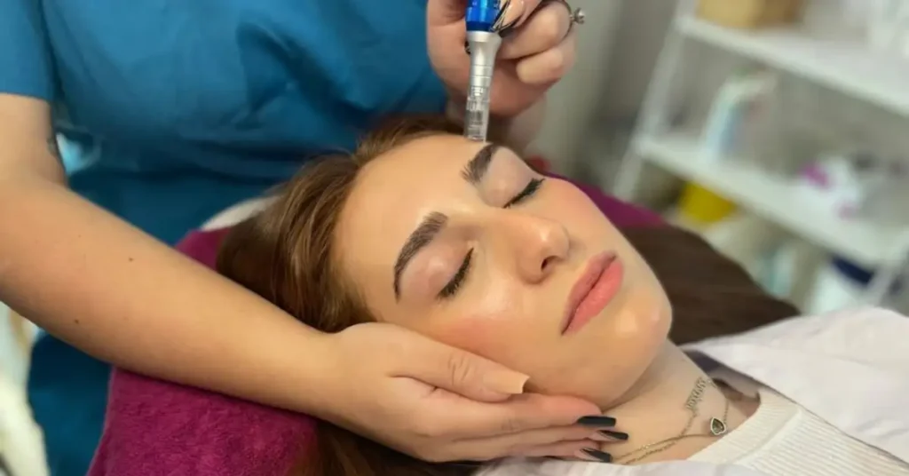 young brown haired woman getting microneedling treatment