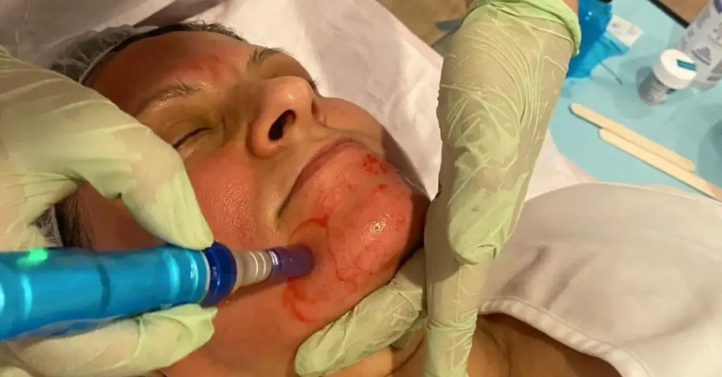 woman with green gloves giving microneedling treatment