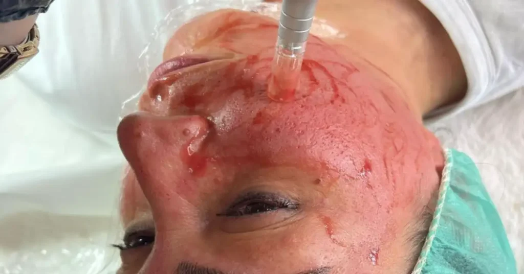 woman with bloody face from microneedling