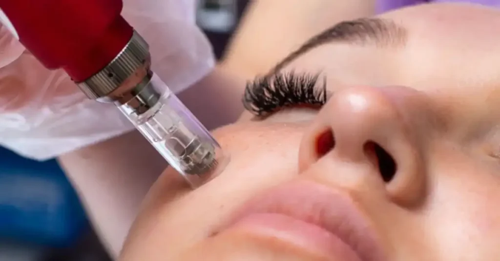 young woman getting treatment with red microneedling device