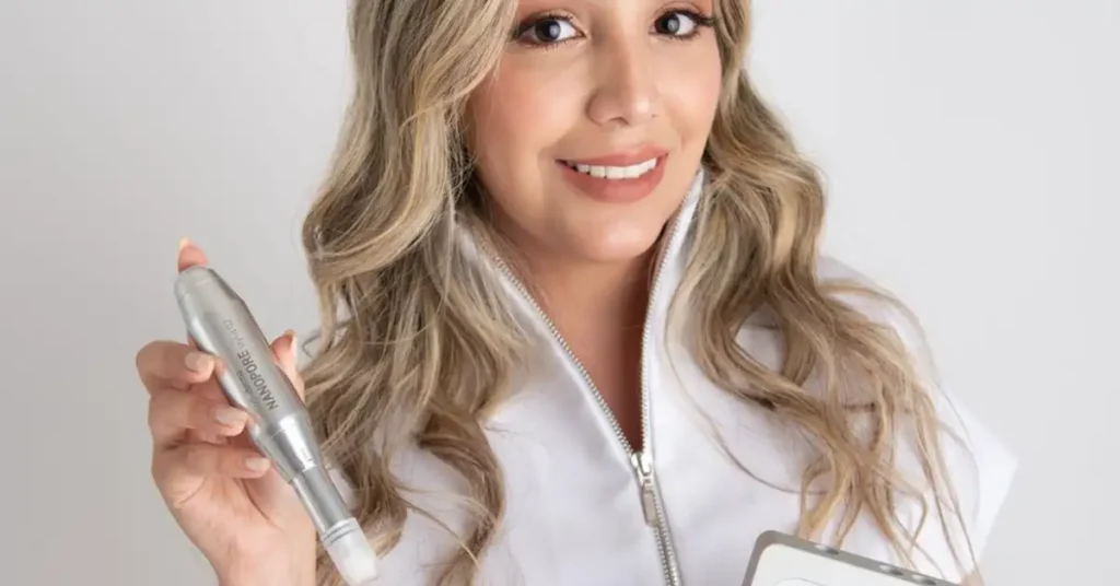 blonde skincare professional with microneedling pen