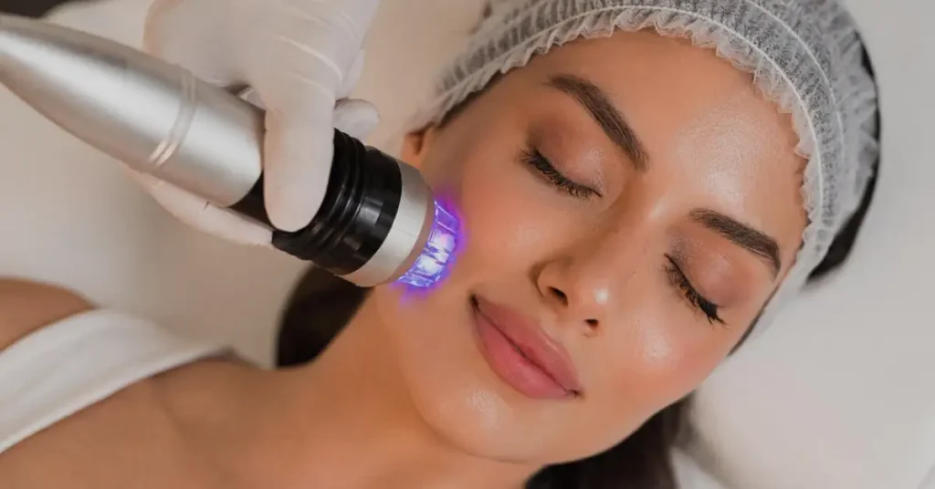 young brown haired woman getting microneedling treatment on her cheek