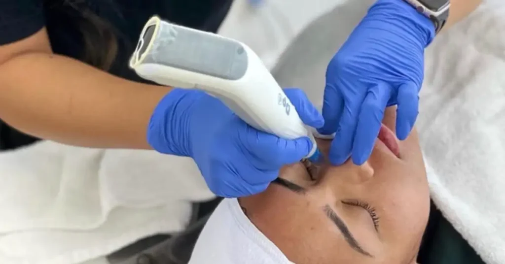 woman getting microneedling on her nose