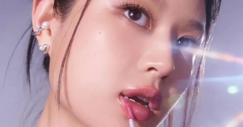 asian woman using lip goss