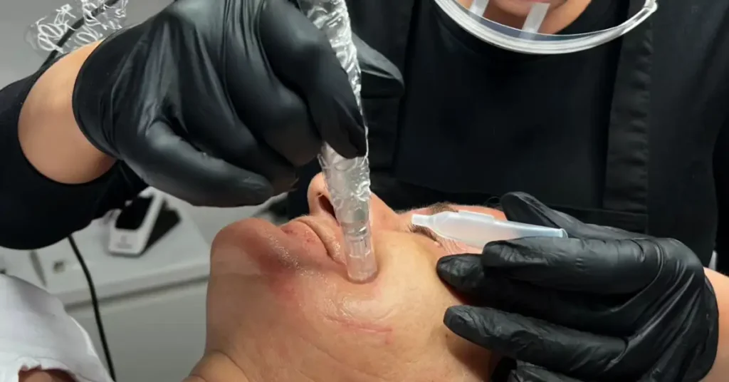 old woman getting microneedling treatment