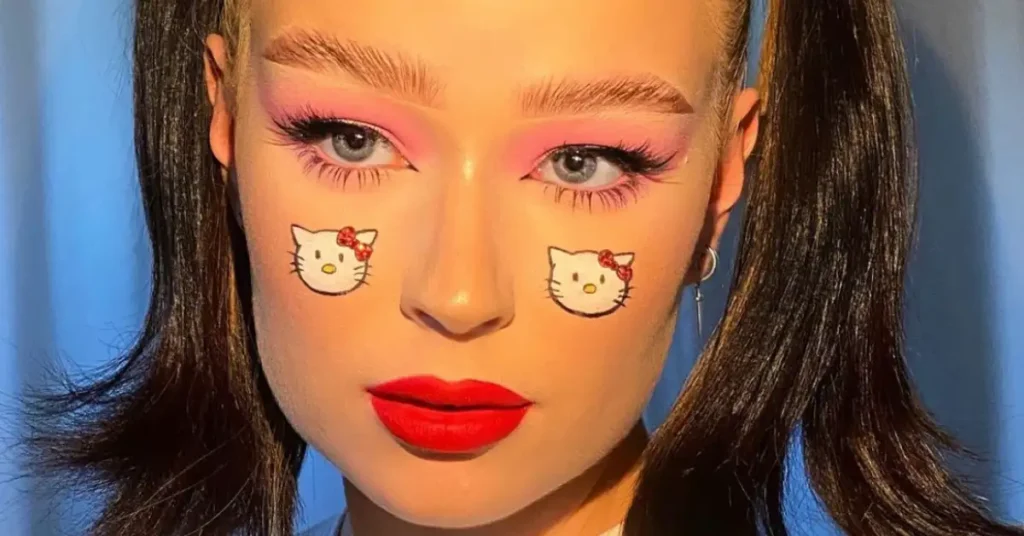 young brunette woman with cute hello kitty makeup