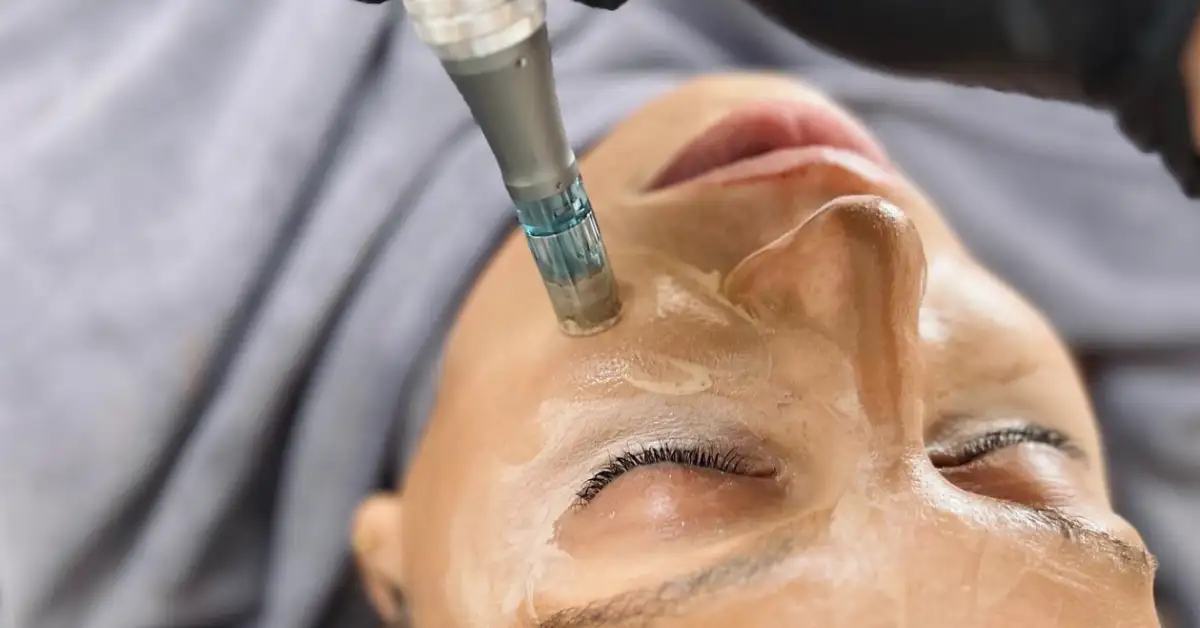 young woman getting microneedling treatment on her left cheek